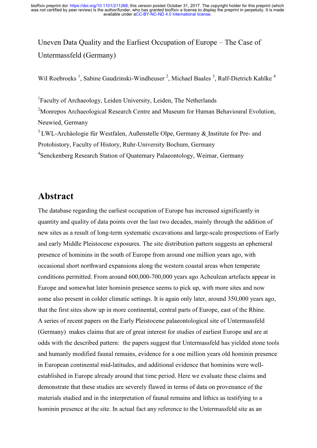 Uneven Data Quality and the Earliest Occupation of Europe – the Case of Untermassfeld (Germany)