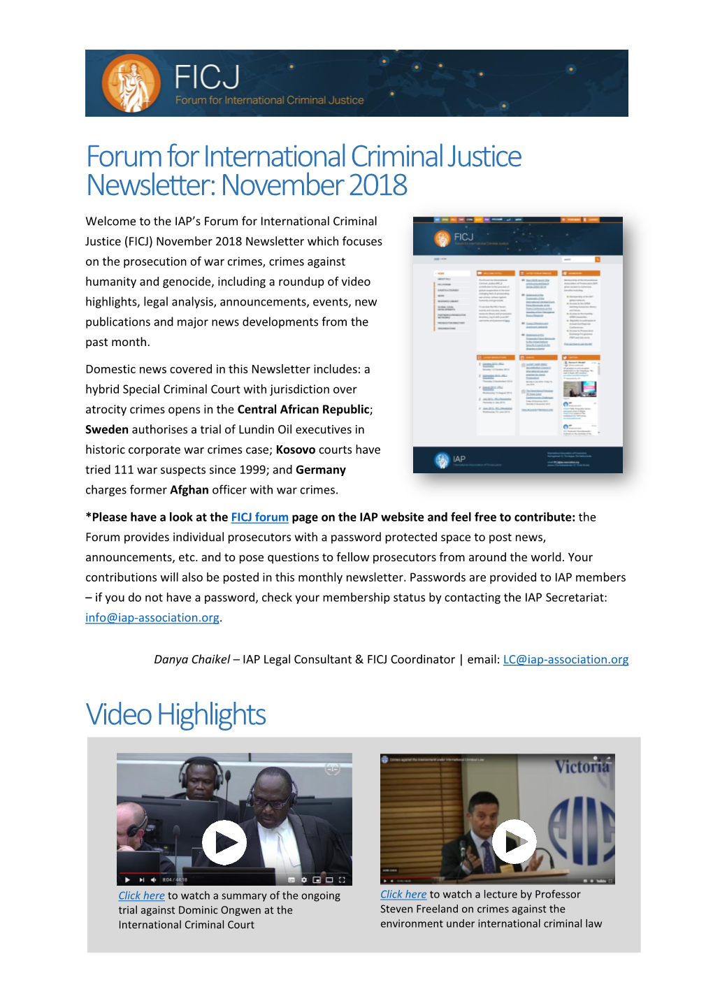 Forum for International Criminal Justice Newsletter: November 2018