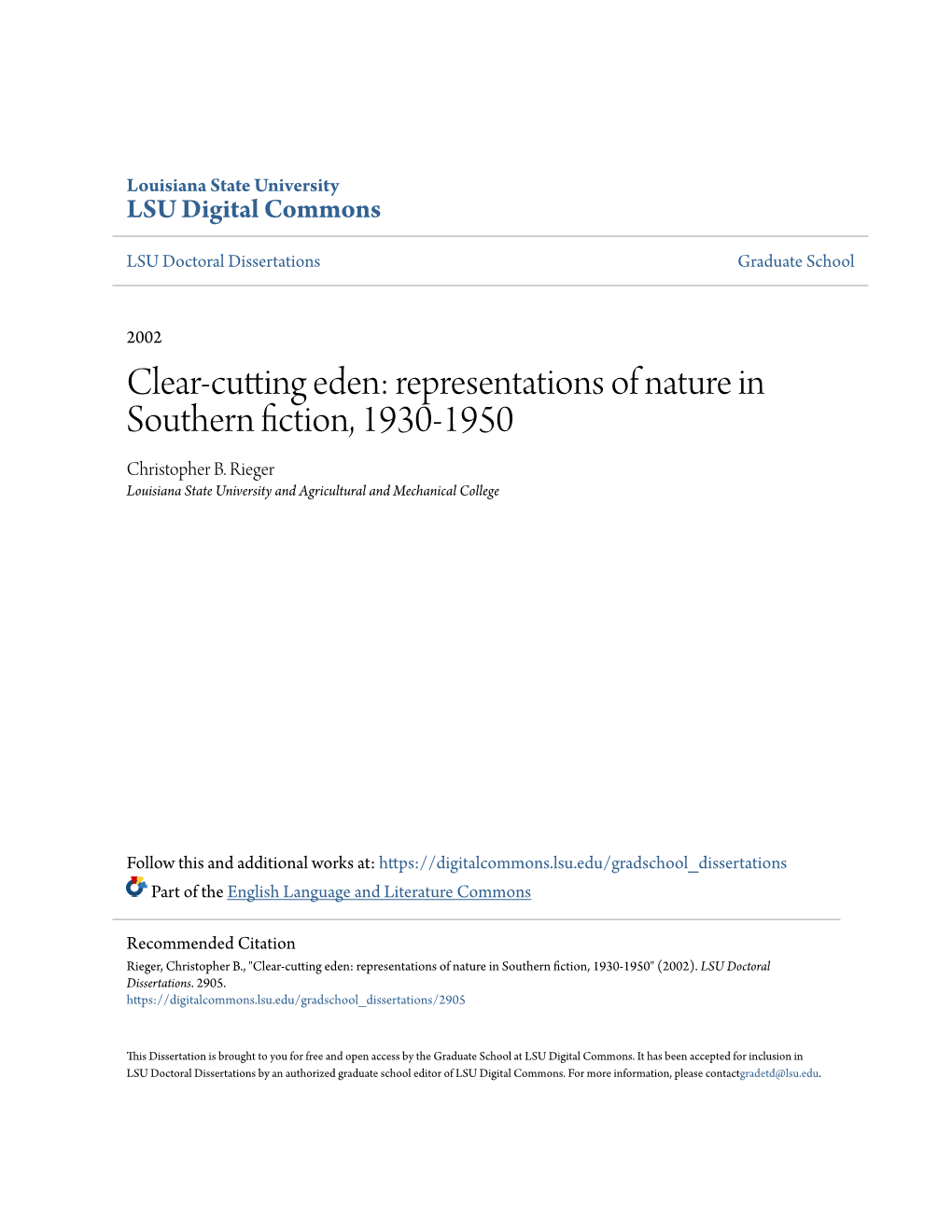 Clear-Cutting Eden: Representations of Nature in Southern Fiction, 1930-1950 Christopher B