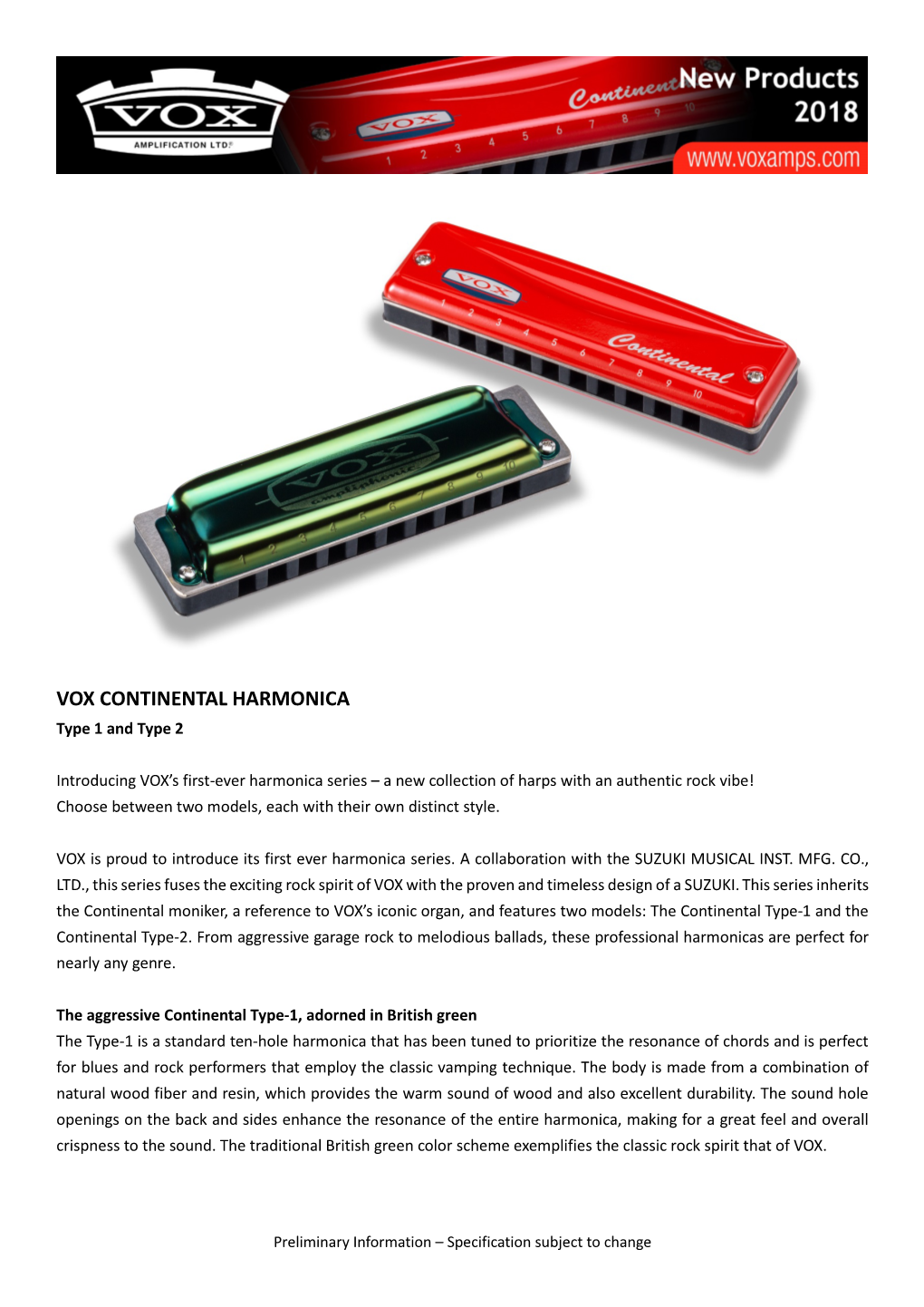 VOX CONTINENTAL HARMONICA Type 1 and Type 2