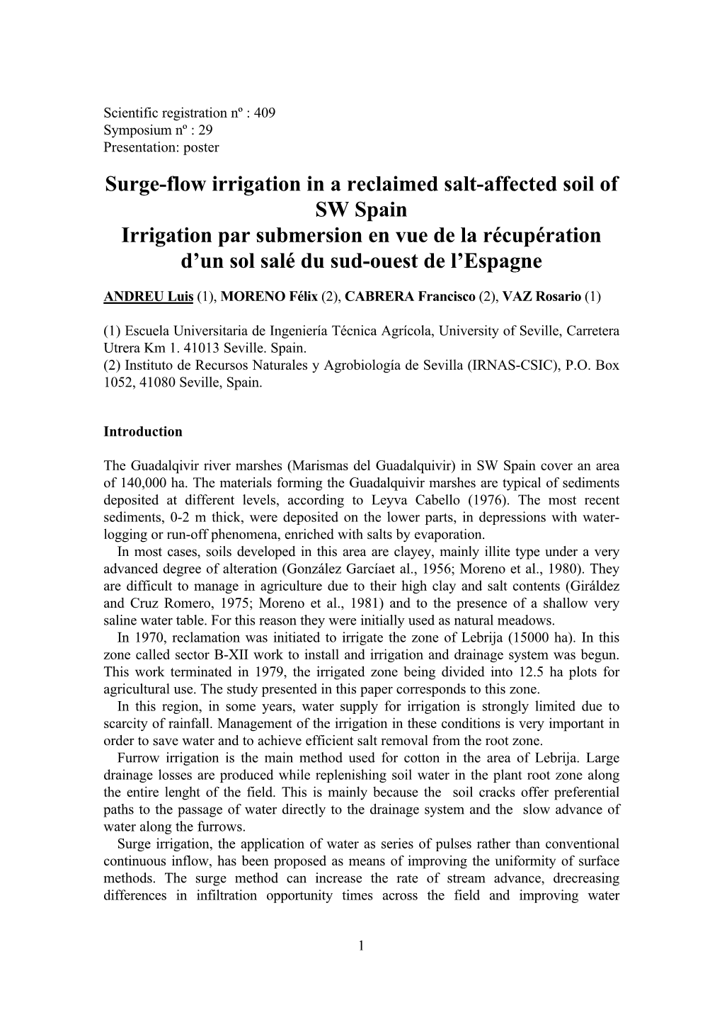 Surge-Flow Irrigation in a Reclaimed Salt-Affected Soil of SW Spain Irrigation Par Submersion En Vue De La Récupération D’Un Sol Salé Du Sud-Ouest De L’Espagne