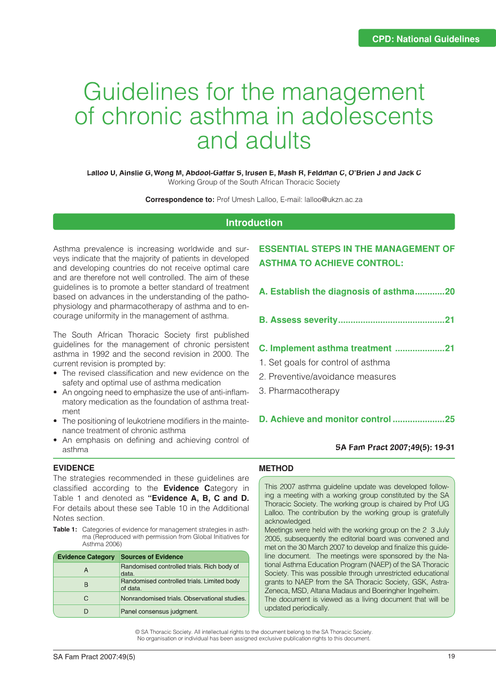 Guidelines for the Management of Chronic Asthma in Adolescents and Adults