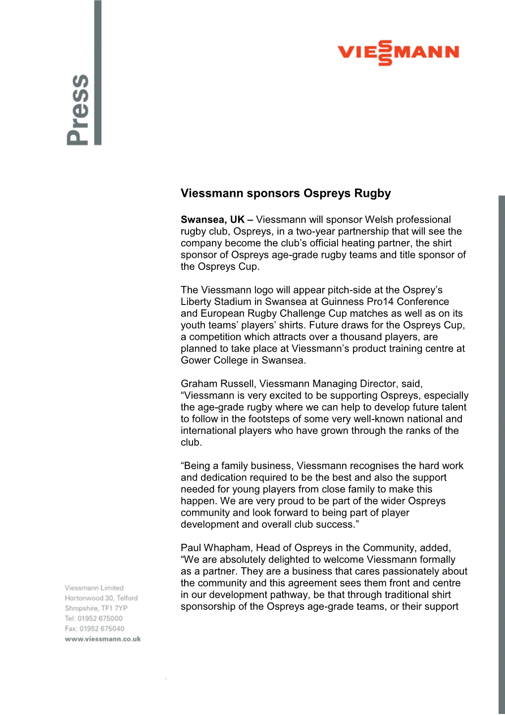 Viessmann Sponsors Ospreys Rugby
