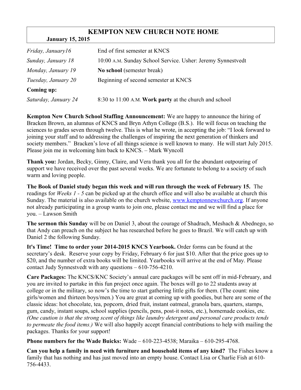 KEMPTON NEW CHURCH NOTE HOME January 15, 2015 Page 2