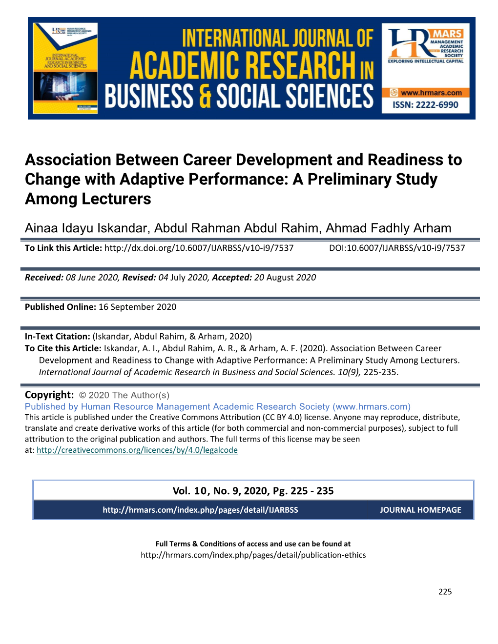 Association Between Career Development and Readiness to Change with Adaptive Performance: a Preliminary Study Among Lecturers