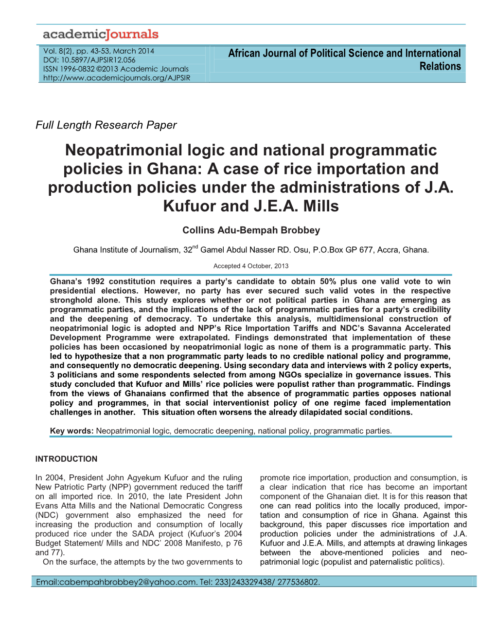 Neopatrimonial Logic and National Programmatic Policies in Ghana: a Case of Rice Importation and Production Policies Under the Administrations of J.A