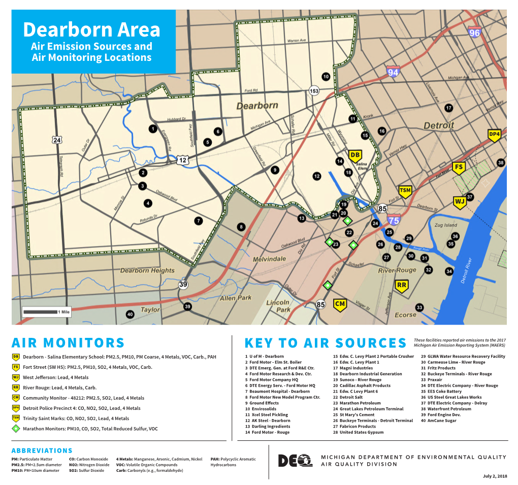 Dearborn Area Map: Air Emissions Sources & Air Monitoring Locations