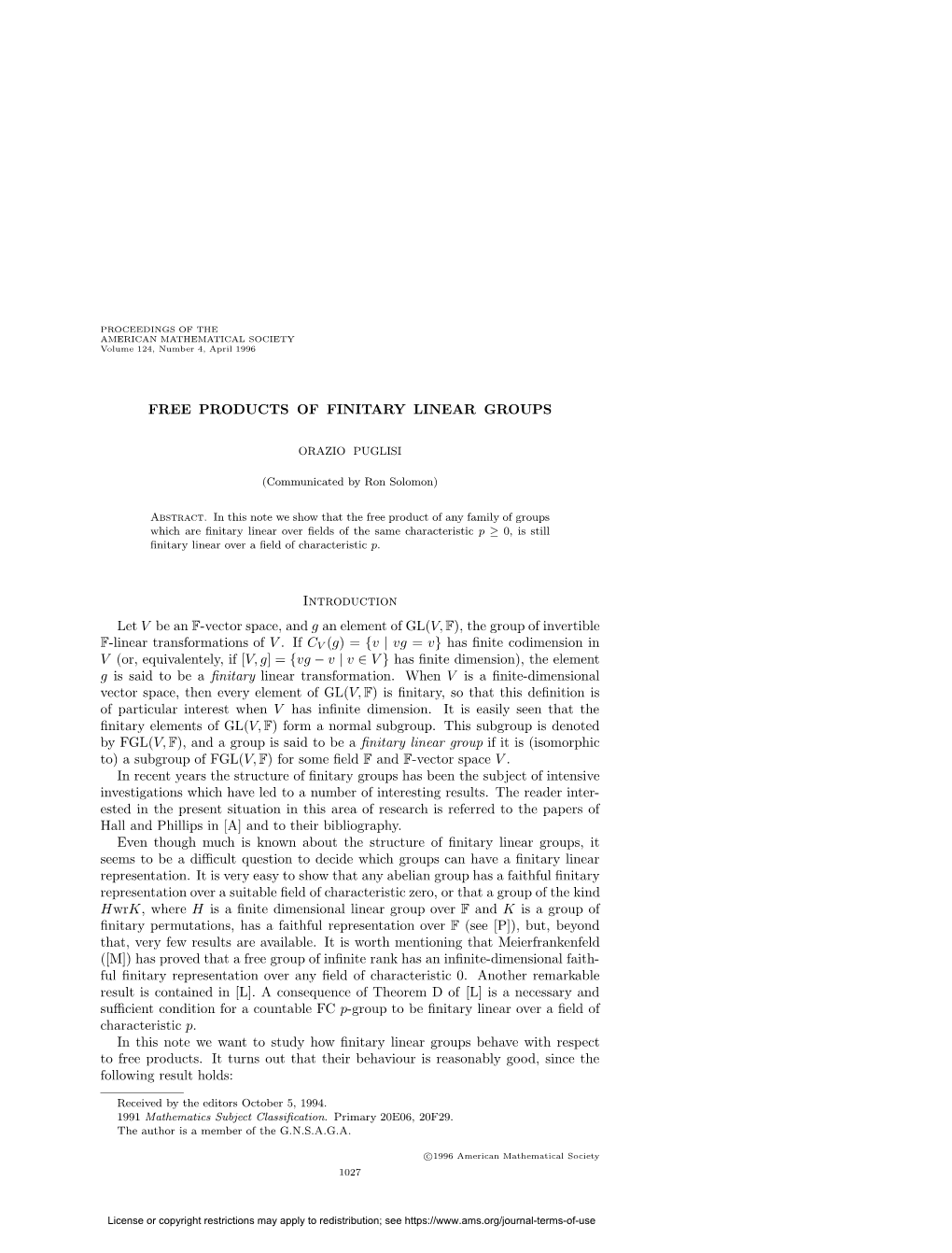 FREE PRODUCTS of FINITARY LINEAR GROUPS Introduction Let V Be an F-Vector Space, and G an Element of GL(V,F)