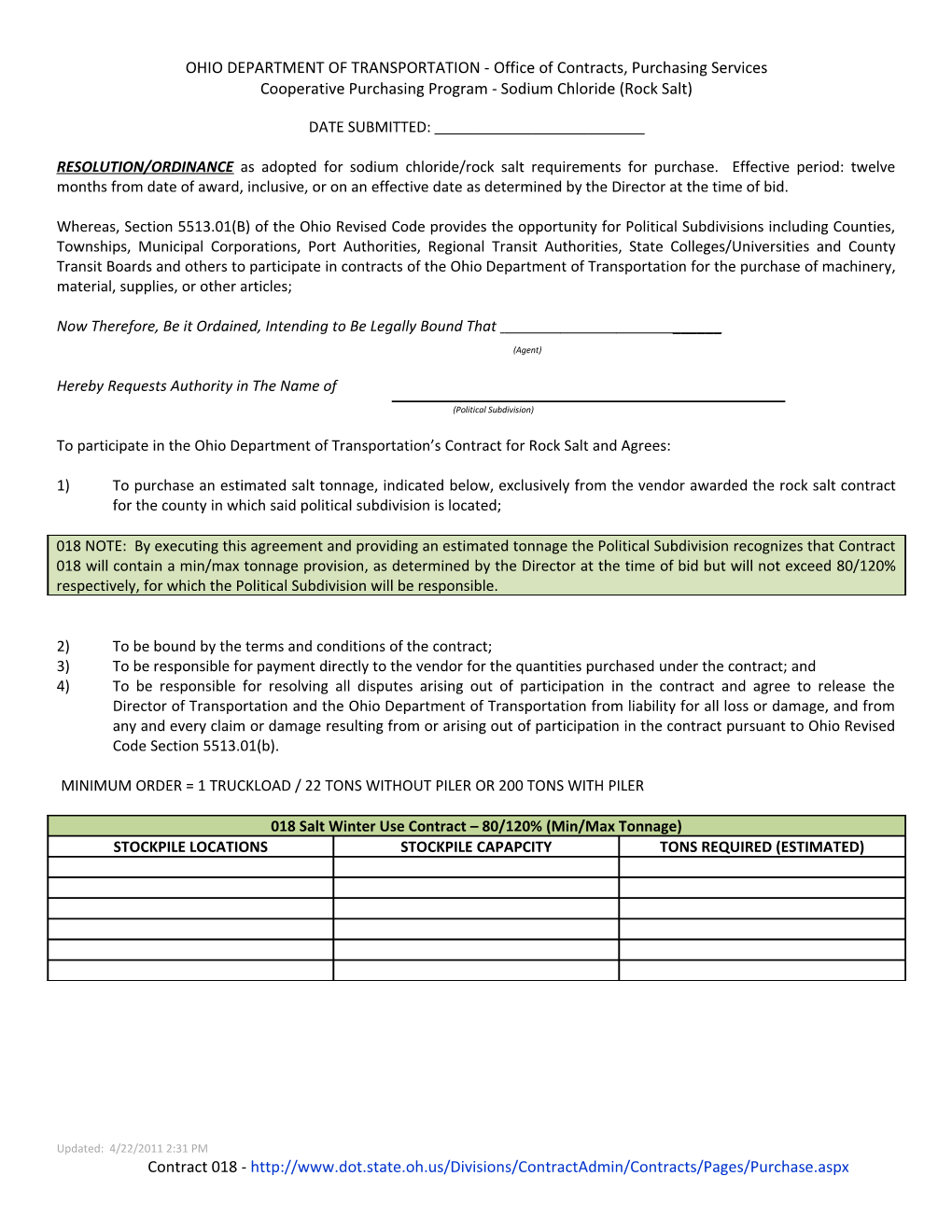 All Political Subdivisions Desiring to Participate with the Ohio Department of Transportation