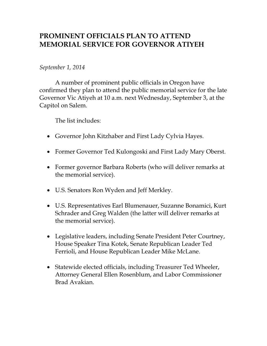 Prominent Officials Plan to Attend Memorial Service for Governor Atiyeh