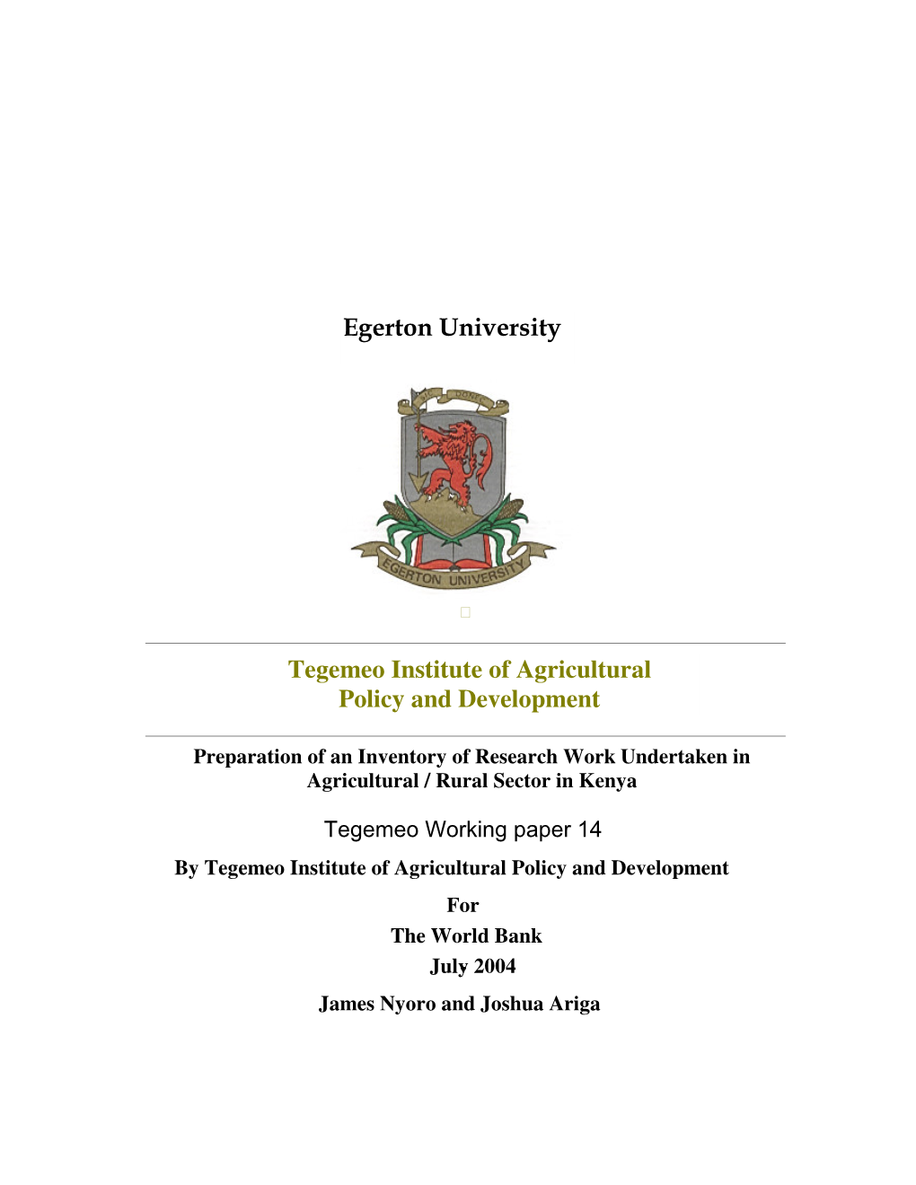 Egerton University Tegemeo Institute of Agricultural Policy And