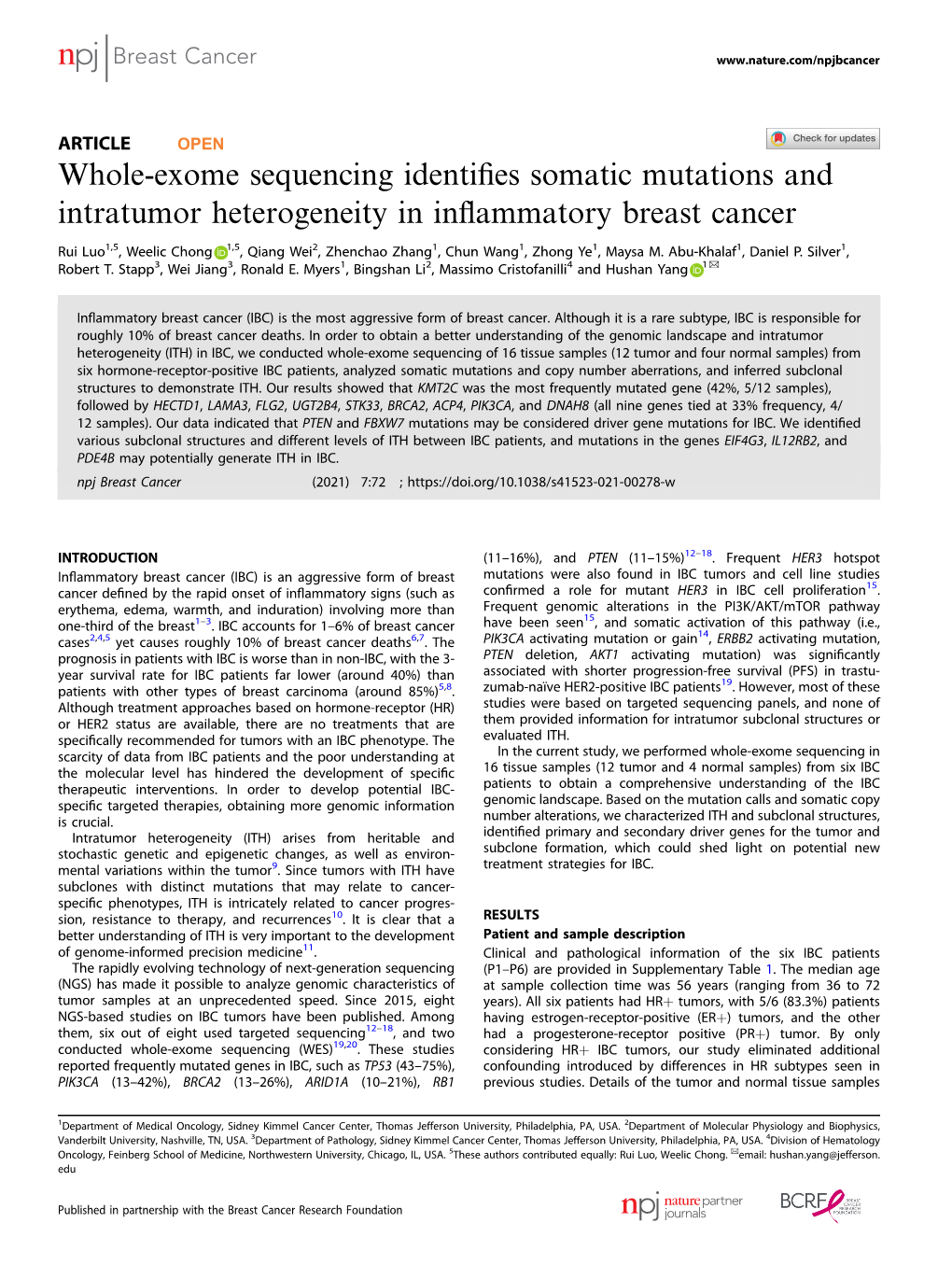 Whole-Exome Sequencing Identifies Somatic Mutations and Intratumor Heterogeneity in Inflammatory Breast Cancer