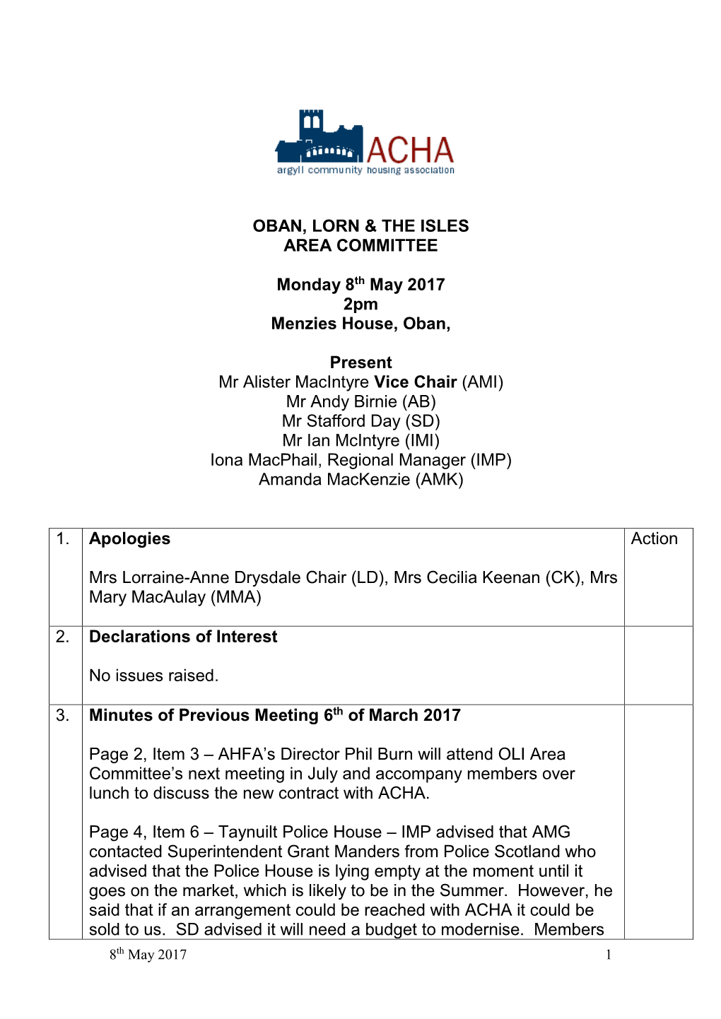 OBAN, LORN & the ISLES AREA COMMITTEE Monday 8Th May 2017