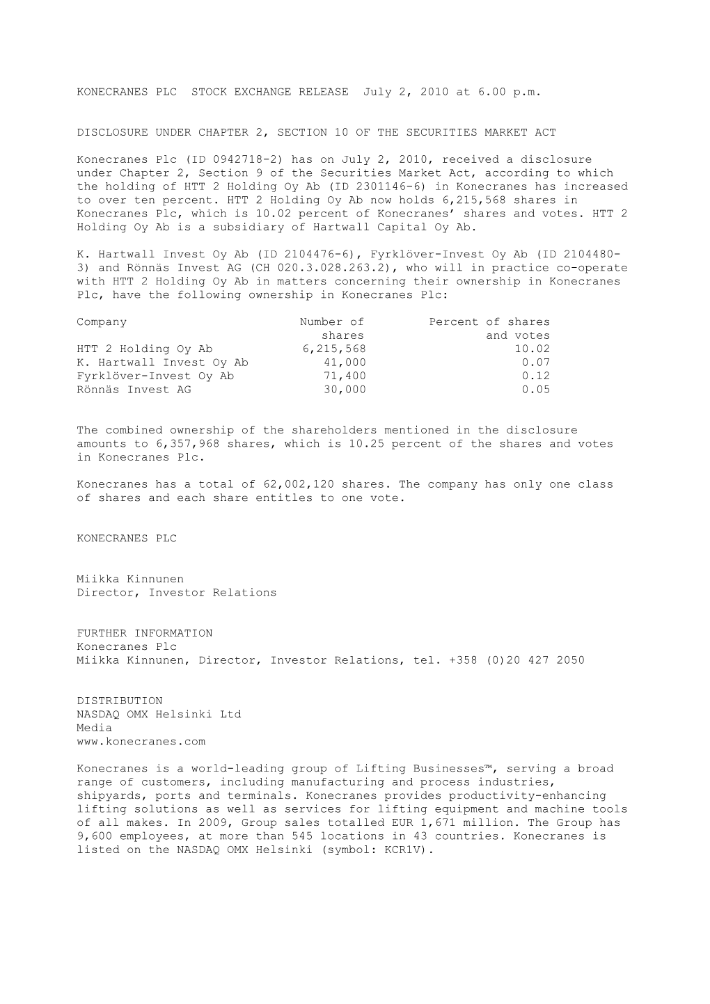 KONECRANES PLC STOCK EXCHANGE RELEASE October 16, 2008 at 5