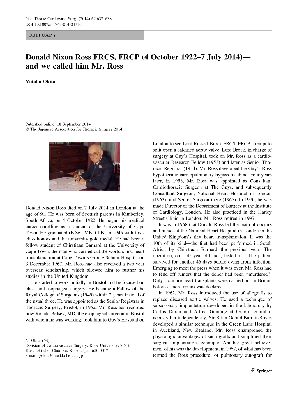 Donald Nixon Ross FRCS, FRCP (4 October 1922–7 July 2014)— and We Called Him Mr