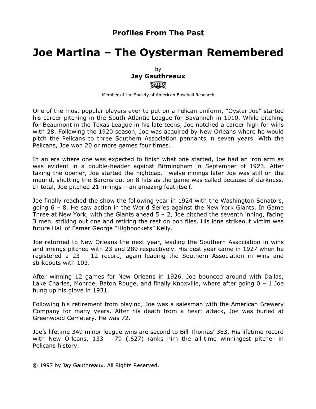 Joe Martina – the Oysterman Remembered