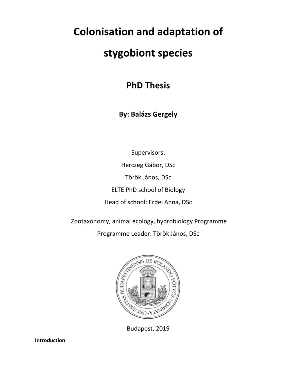 Colonisation and Adaptation of Stygobiont Species