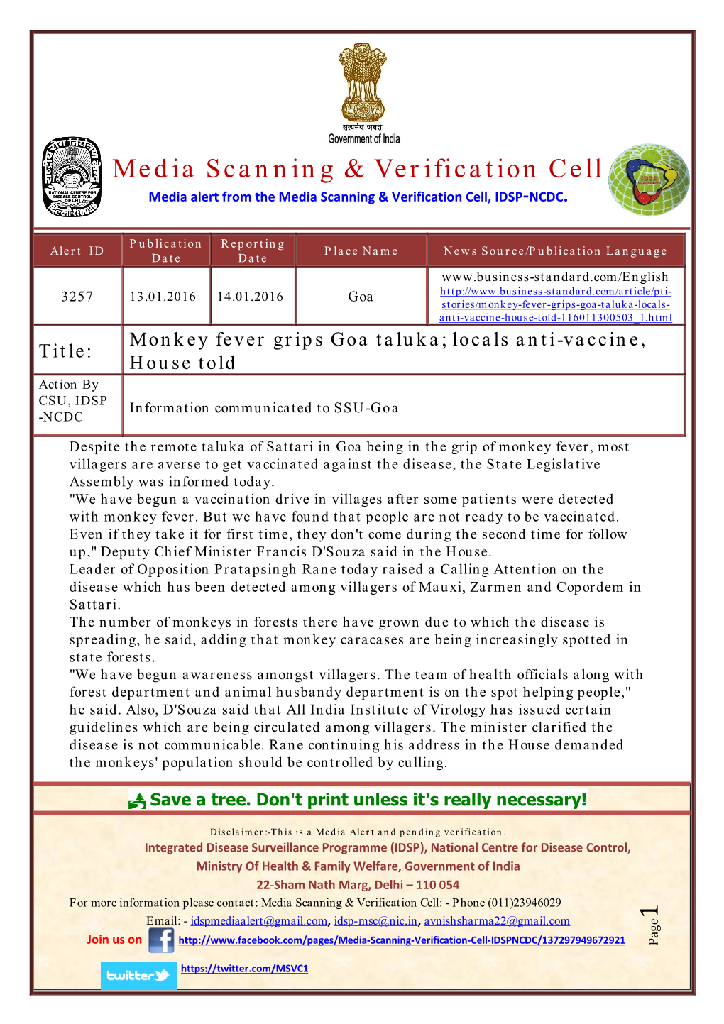 3257, Alert-Monkey Fever Grips Goa Taluka Locals Anti-Vaccine