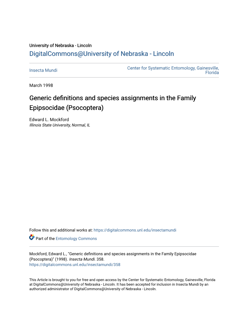 Generic Definitions and Species Assignments in the Family Epipsocidae (Psocoptera)