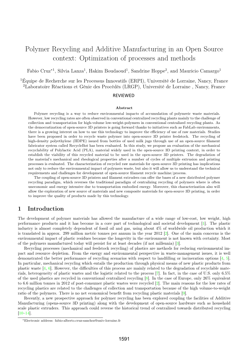 Polymer Recycling and Additive Manufacturing in an Open Source Context: Optimization of Processes and Methods