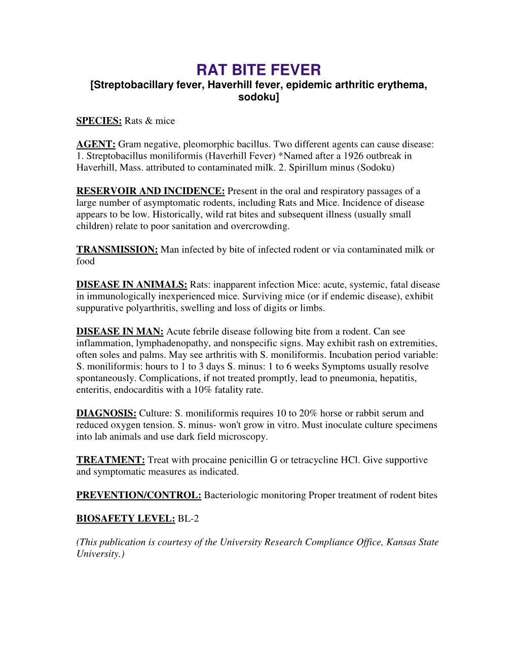 RAT BITE FEVER [Streptobacillary Fever, Haverhill Fever, Epidemic Arthritic Erythema, Sodoku]