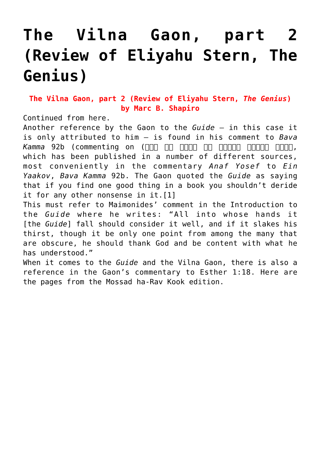 (Review of Eliyahu Stern, the Genius),The Vilna Gaon, Part 1