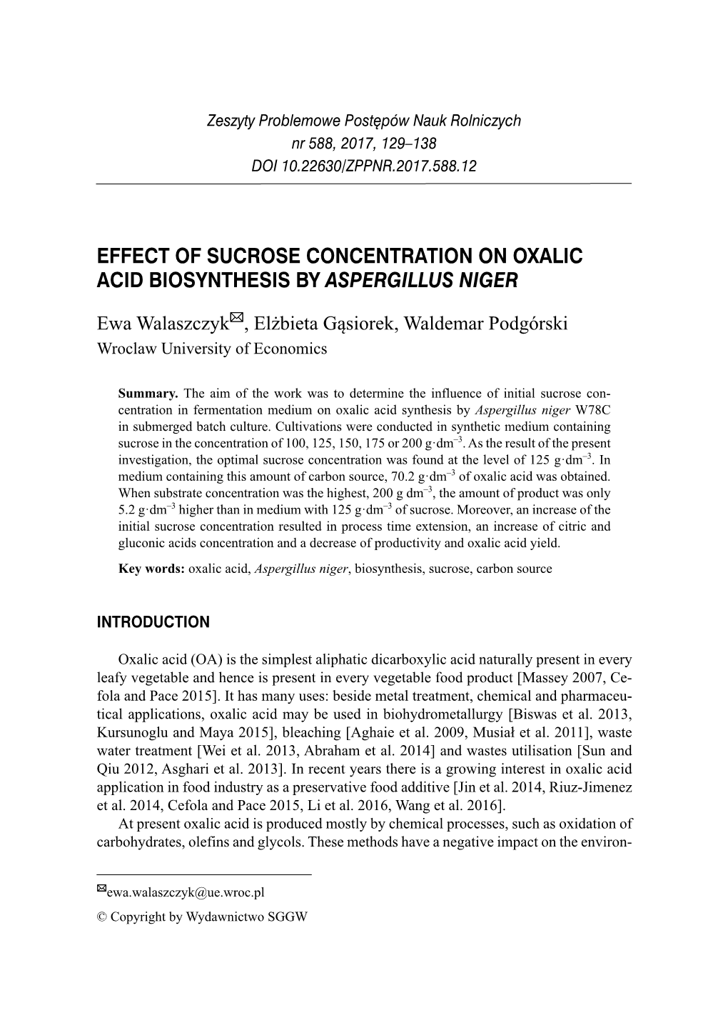 Effect of Sucrose Concentration on Oxalic Acid Biosynthesis by Aspergillus Niger