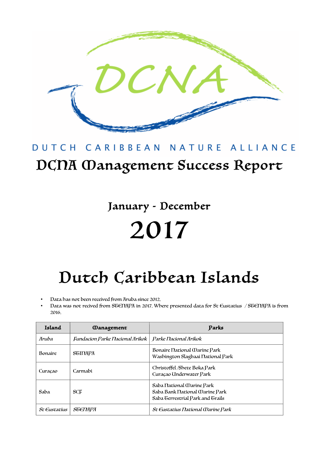 DCNA Management Success Data Report Jan – Dec 2016 the Quill and Boven National Park and Botanical Garden