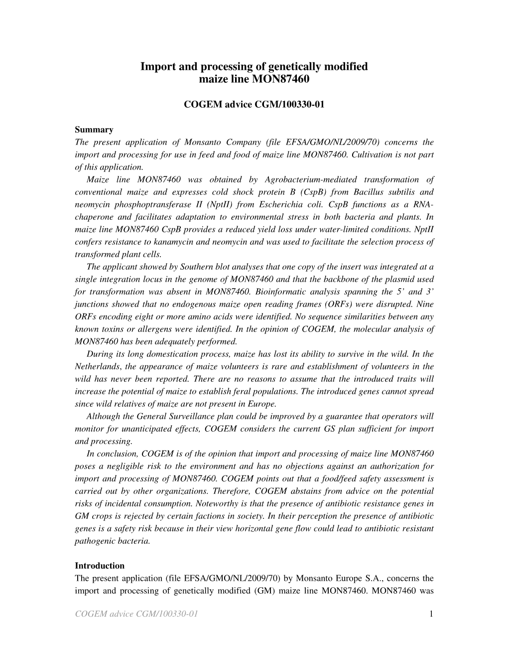 Import and Processing of Genetically Modified Maize Line MON87460