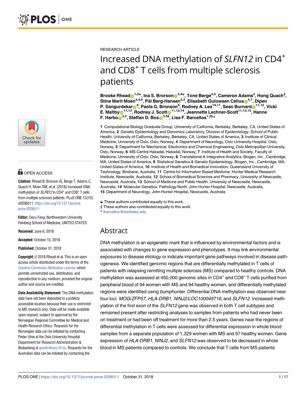 Increased DNA Methylation of SLFN12 in CD4+ and CD8+ T Cells from Multiple Sclerosis Patients