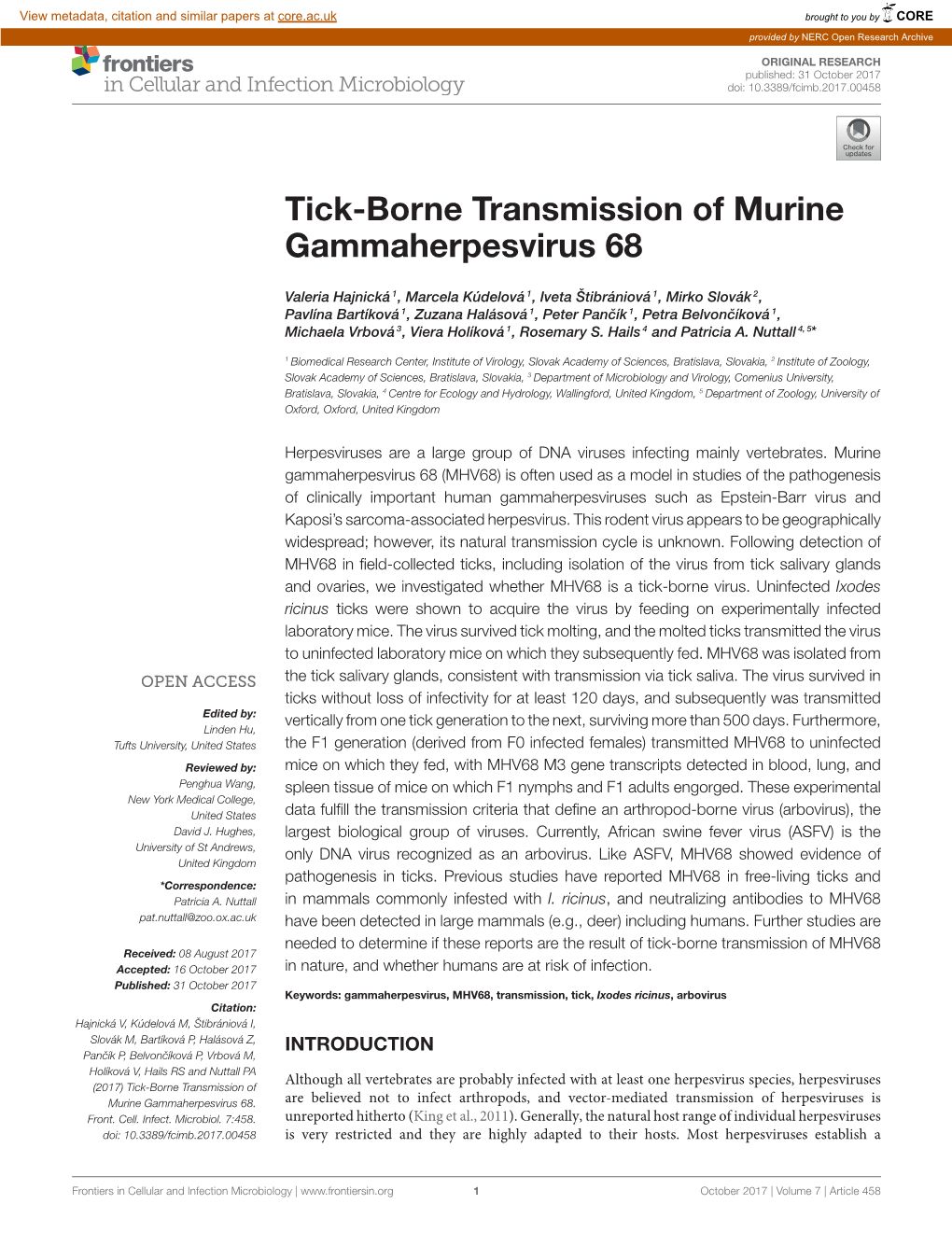 Tick-Borne Transmission of Murine Gammaherpesvirus 68