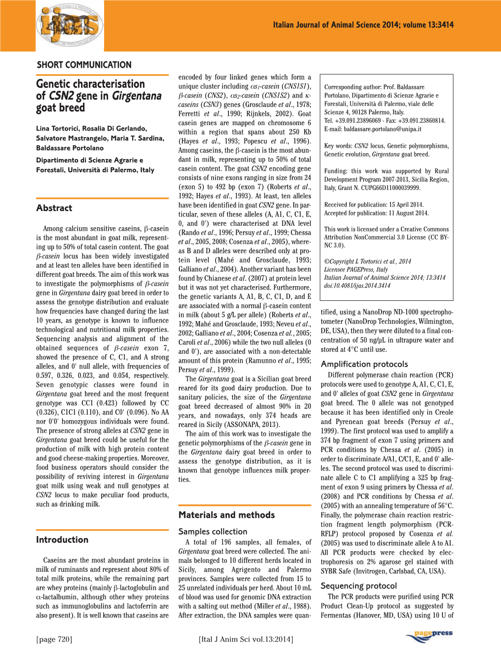 Genetic Characterisation of CSN2 Gene in Girgentana Goat Breed