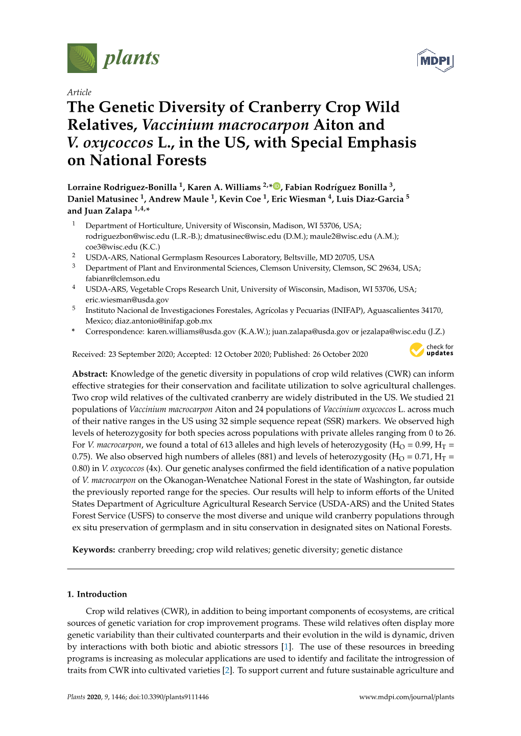 The Genetic Diversity of Cranberry Crop Wild Relatives, Vaccinium Macrocarpon Aiton and V