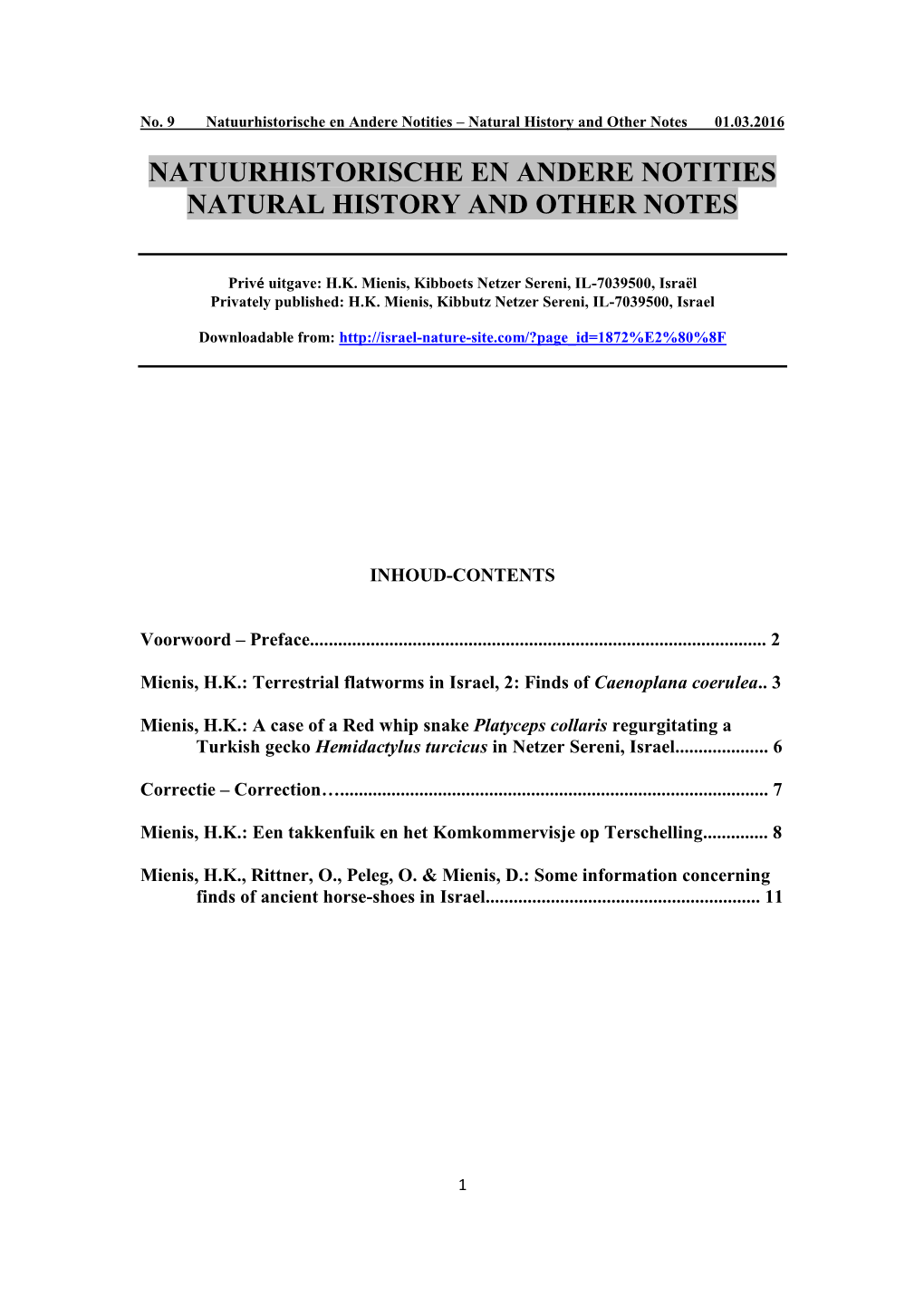 Natuurhistorische En Andere Notities Natural History and Other Notes