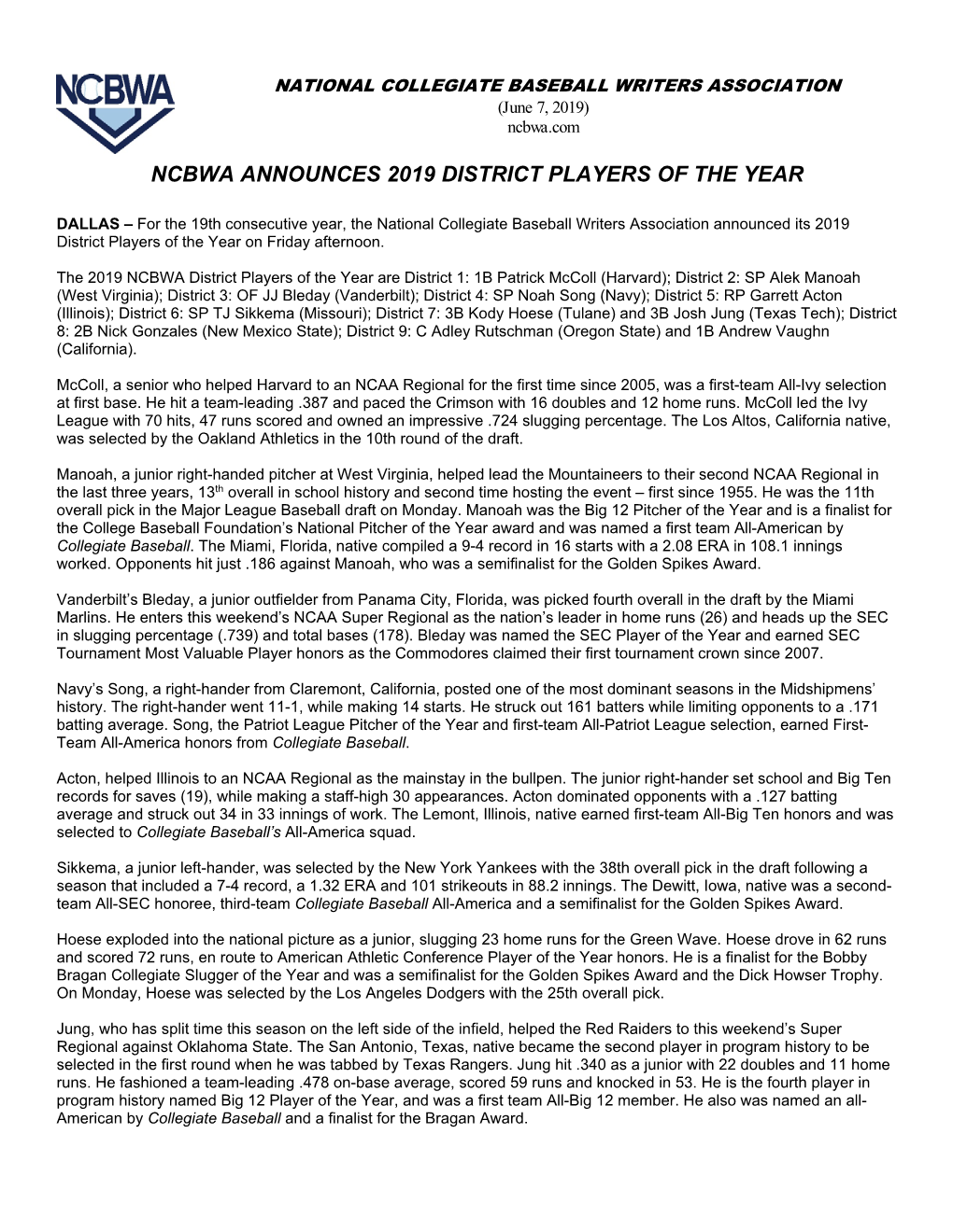 Ncbwa Announces 2019 District Players of the Year