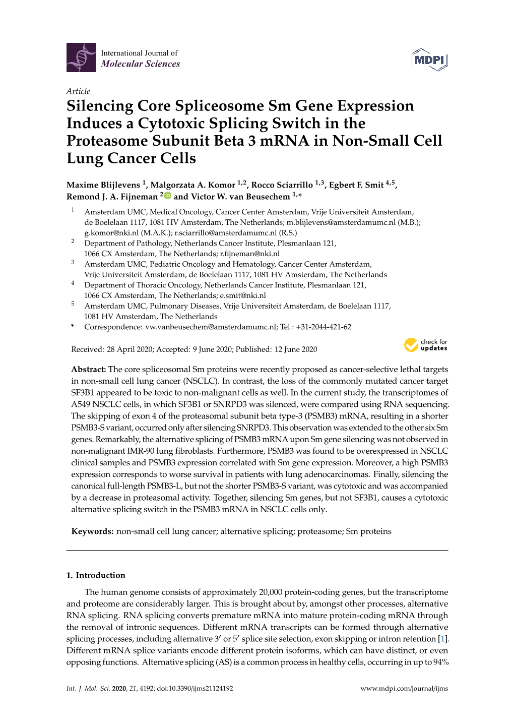 Silencing Core Spliceosome Sm Gene Expression Induces a Cytotoxic Splicing Switch in the Proteasome Subunit Beta 3 Mrna in Non-Small Cell Lung Cancer Cells