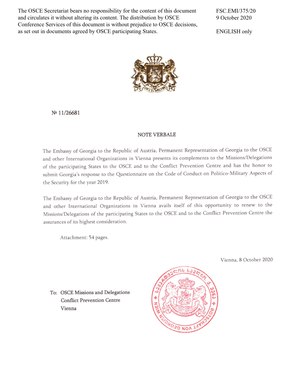 The OSCE Secretariat Bears No Responsibility for the Content of This Document FSC.EMI/375/20 and Circulates It Without Altering Its Content