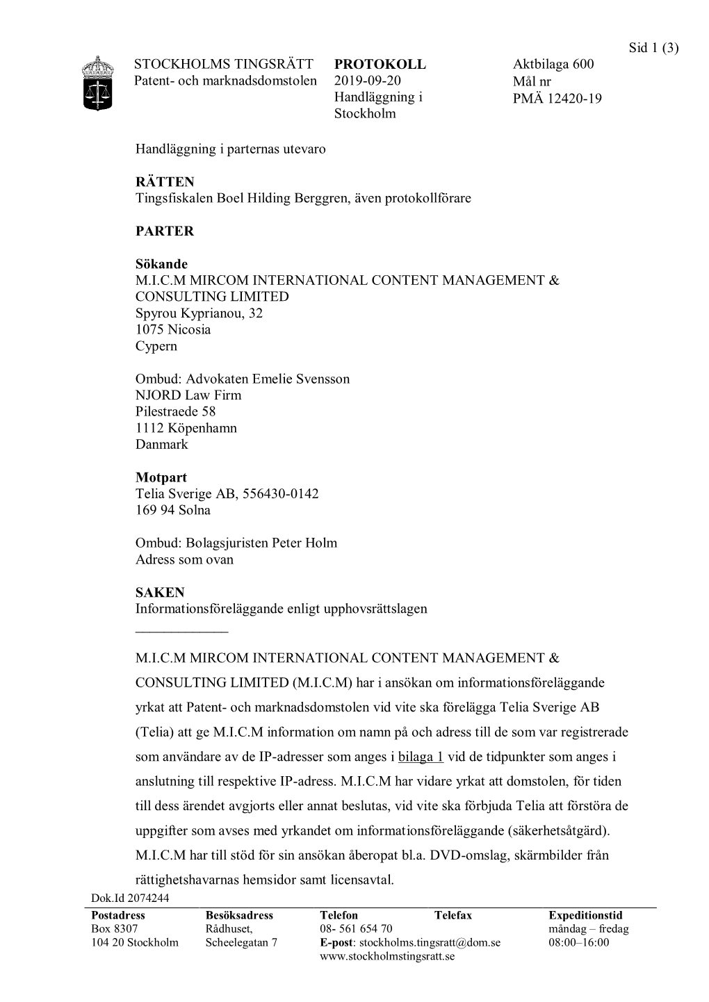 STOCKHOLMS TINGSRÄTT Patent