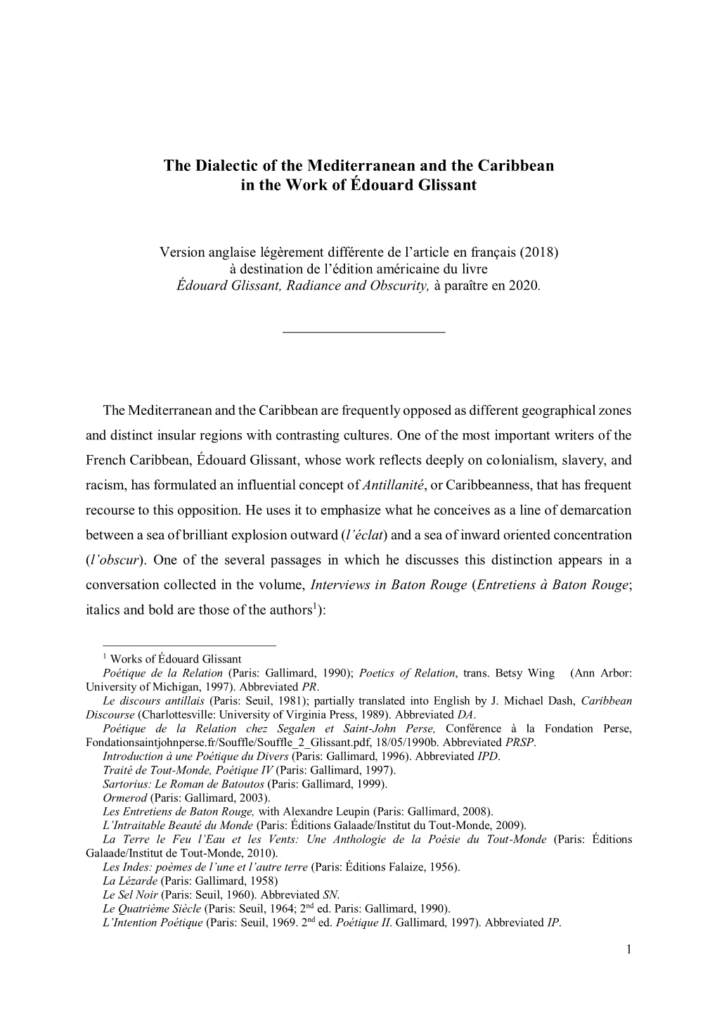 The Dialectic of the Mediterranean and the Caribbean in the Work of Édouard Glissant
