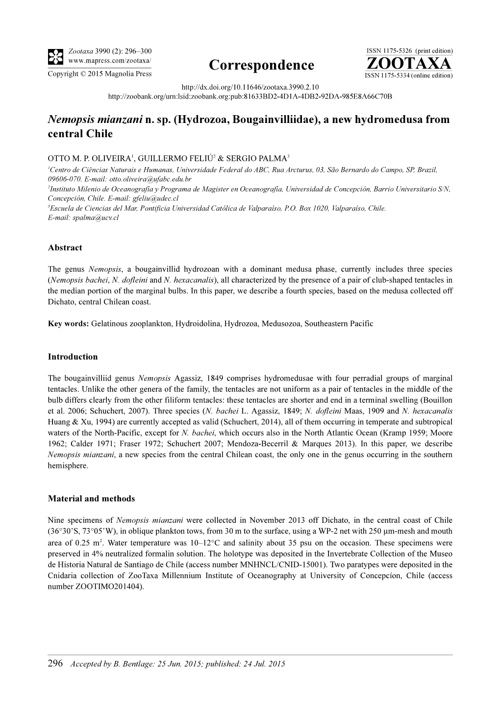 Hydrozoa, Bougainvilliidae), a New Hydromedusa from Central Chile