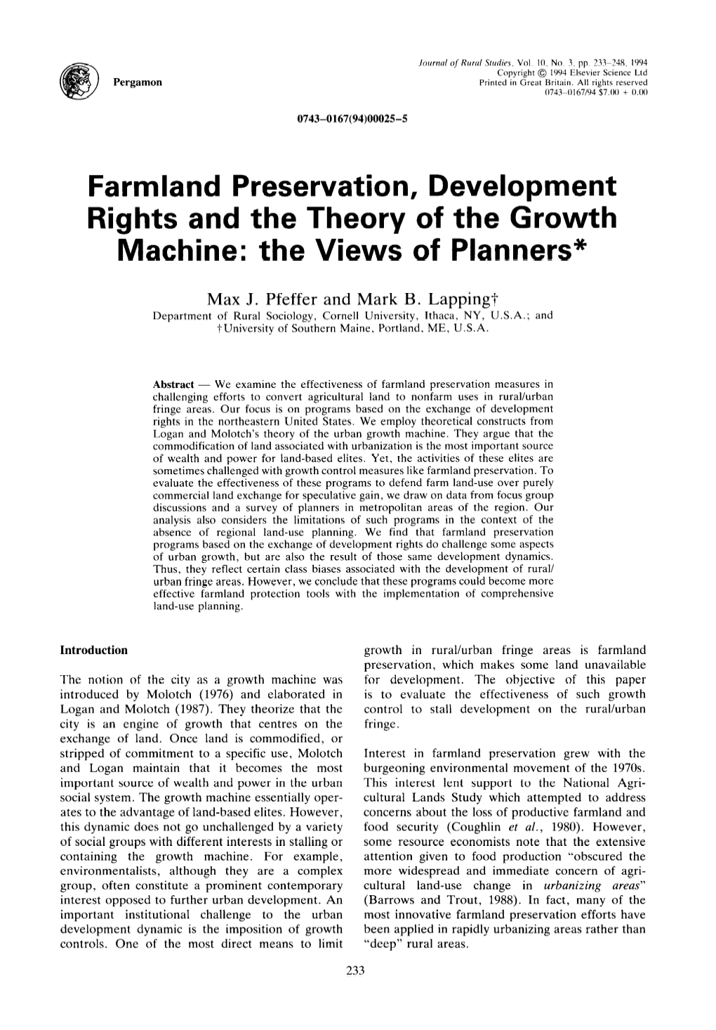 Farmland Preservation, Development Rights and the Theory of the Growth Machine: the Views of Planners*