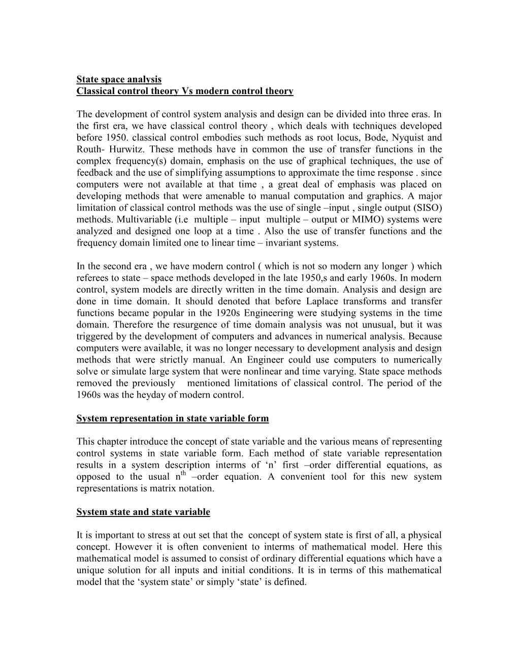 State Space Analysis Classical Control Theory Vs Modern Control Theory