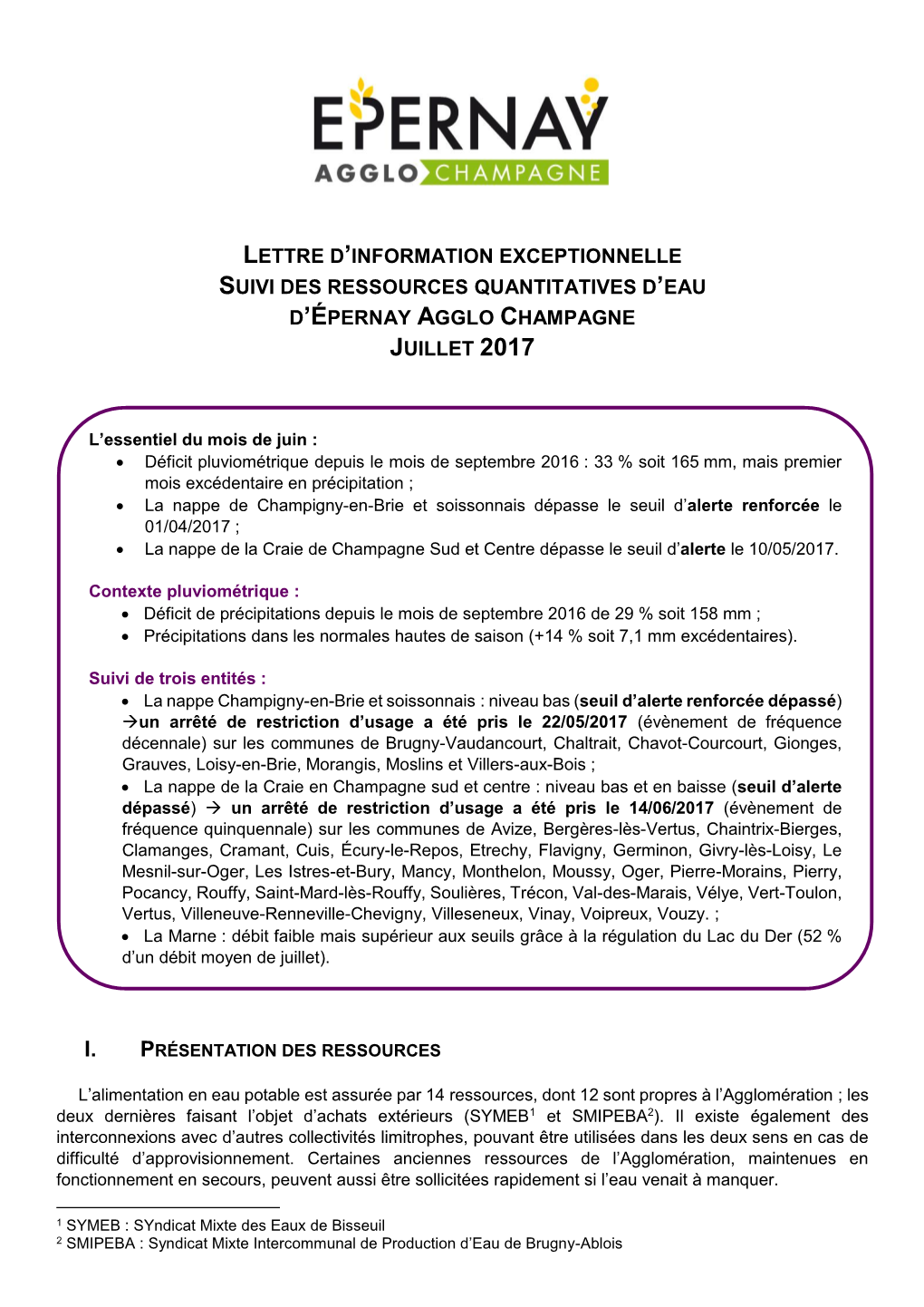 Lettre D'information Exceptionnelle Suivi Des Ressources Quantitatives D'eau D'épernay Agglo Champagne Juillet 2017