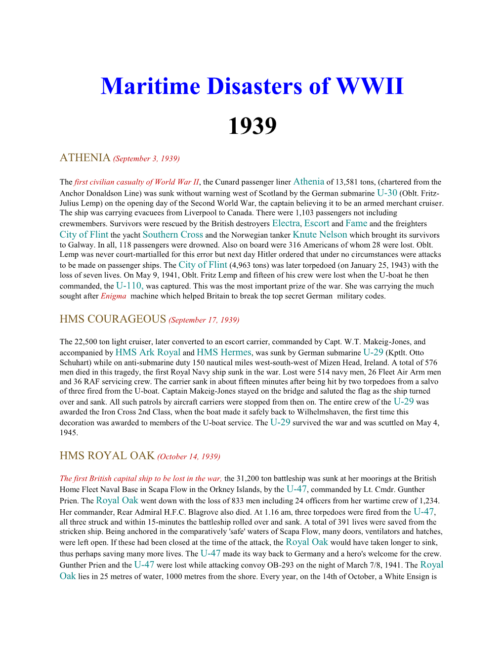 Maritime Disasters of WWII 1939