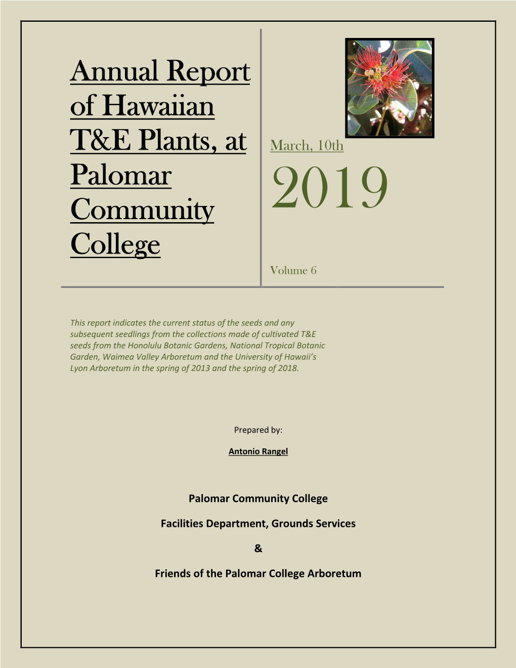 Annual Report of Hawaiian T&E Plants, at Palomar Community