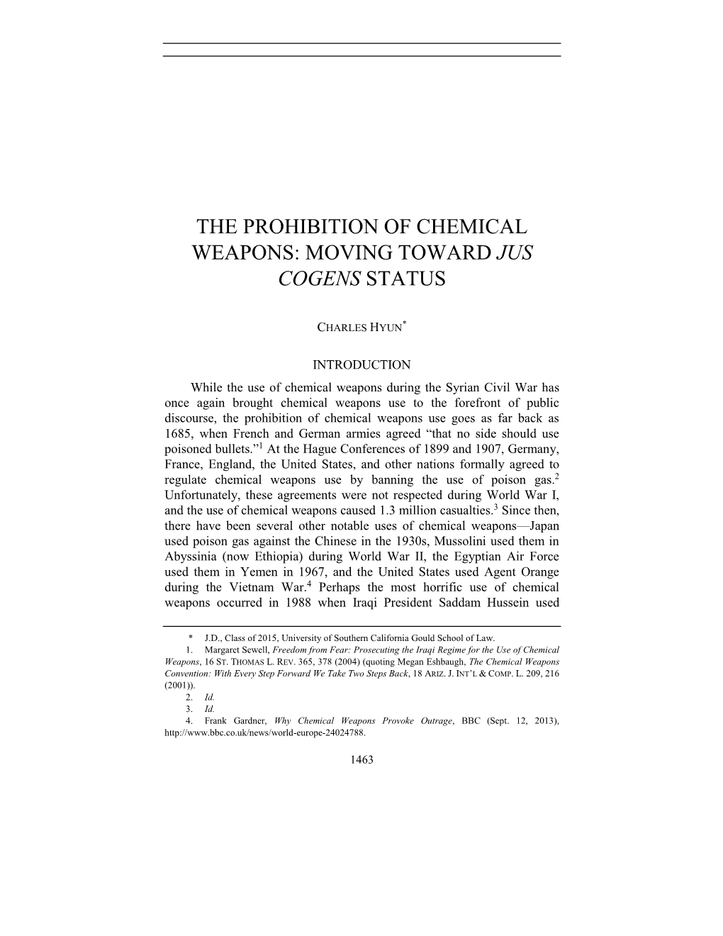 The Prohibition of Chemical Weapons: Moving Toward Jus Cogens Status