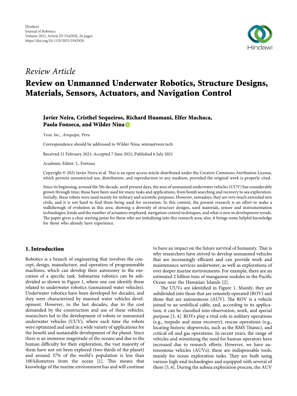 Review on Unmanned Underwater Robotics, Structure Designs, Materials, Sensors, Actuators, and Navigation Control