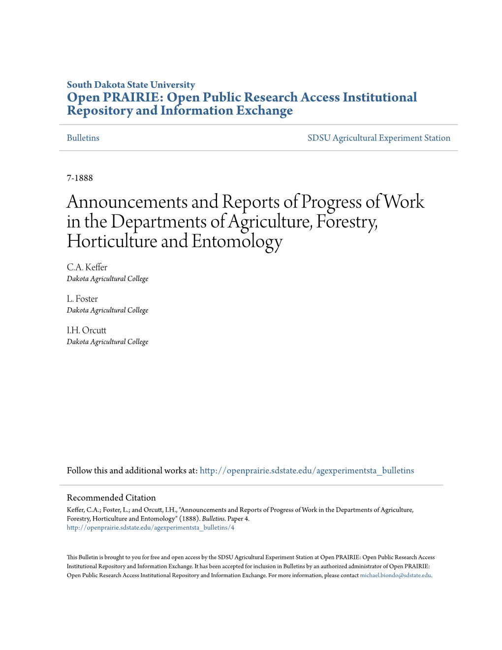 Announcements and Reports of Progress of Work in the Departments of Agriculture, Forestry, Horticulture and Entomology C.A