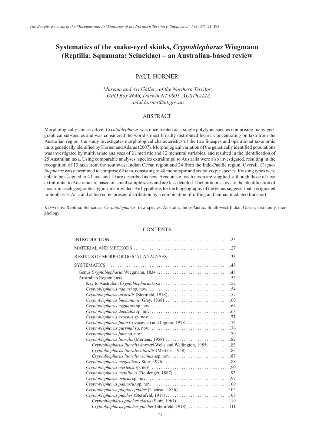 Systematics of the Snake-Eyed Skinks, Cryptoblepharus Wiegmann (Reptilia: Squamata: Scincidae) – an Australian-Based Review