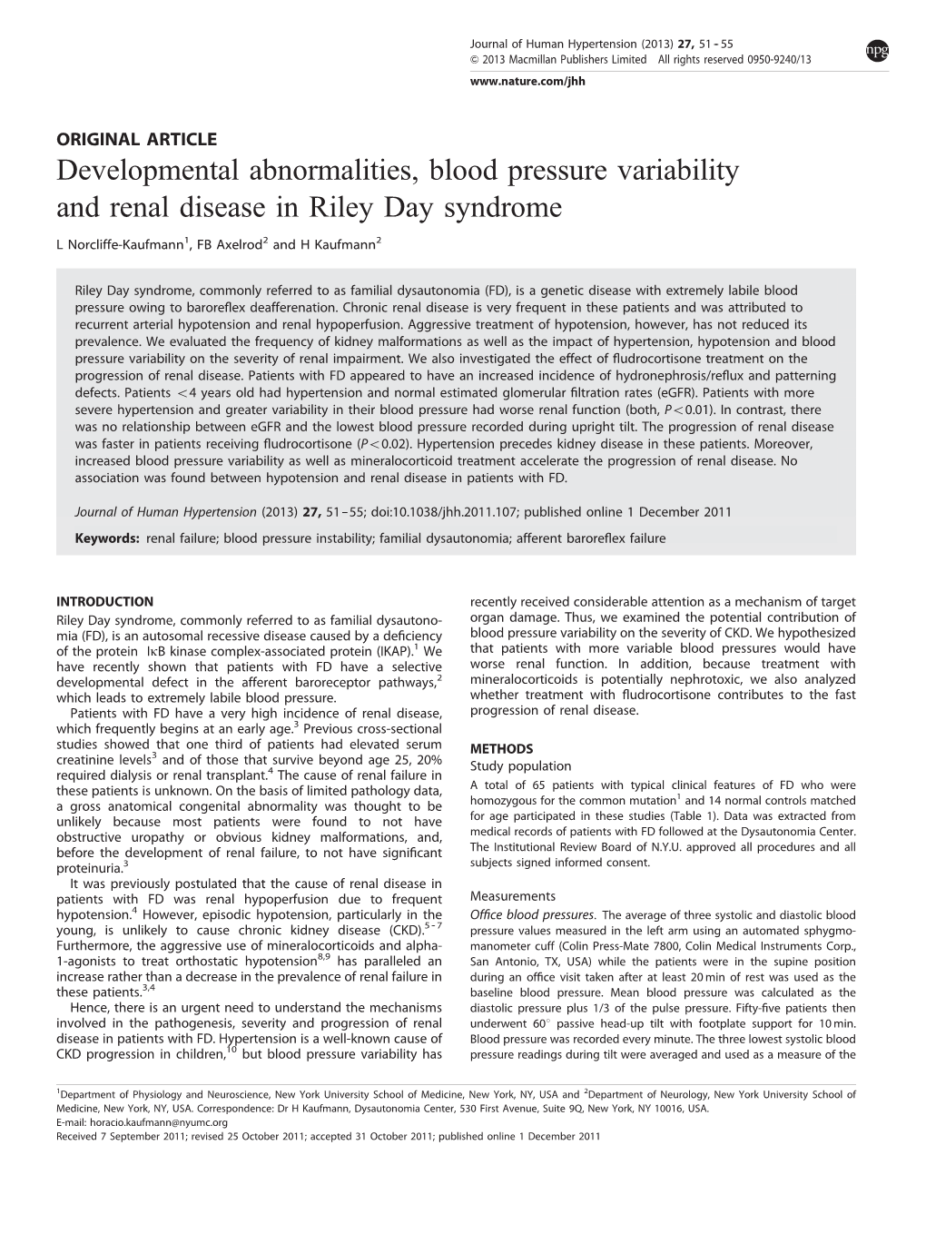 Developmental Abnormalities, Blood Pressure Variability and Renal Disease in Riley Day Syndrome